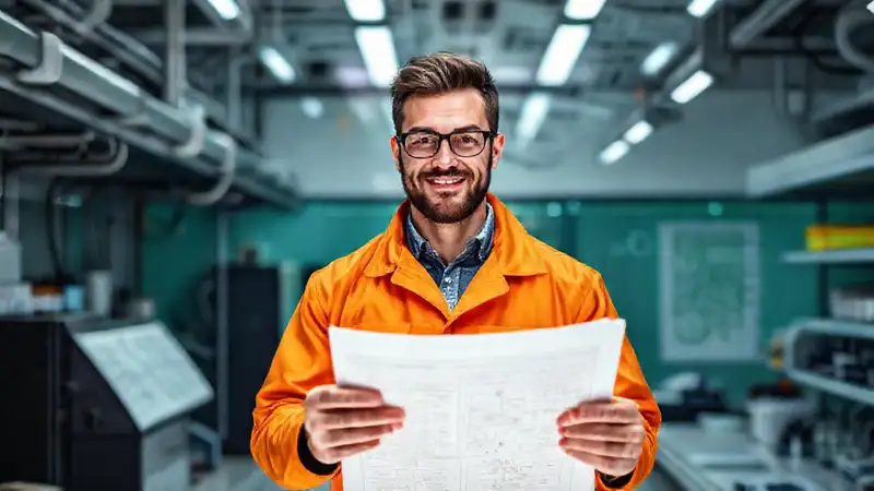 Ingeniero confiado con plan en laboratorio futurista