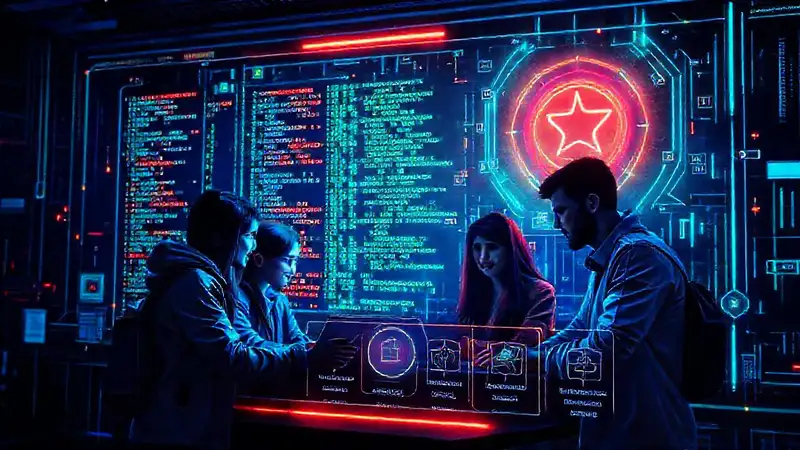 Interfaz digital futurista con estudiantes colaborando
