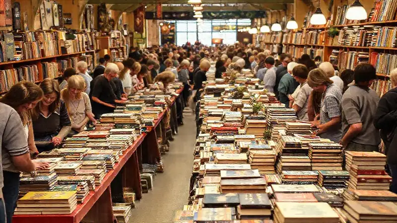Feria de libros con ambiente cálido y diverso