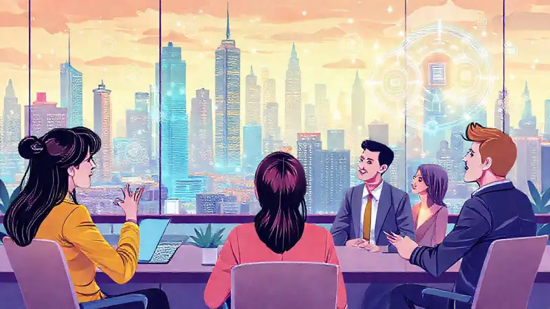 Ciudad futurista con profesionales y hologramas digitales