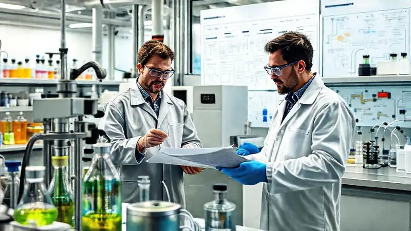 Laboratorio químico con investigadores y equipos modernos