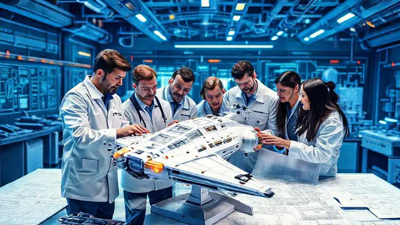 Ingenieros trabajando en modelo espacial futurista
