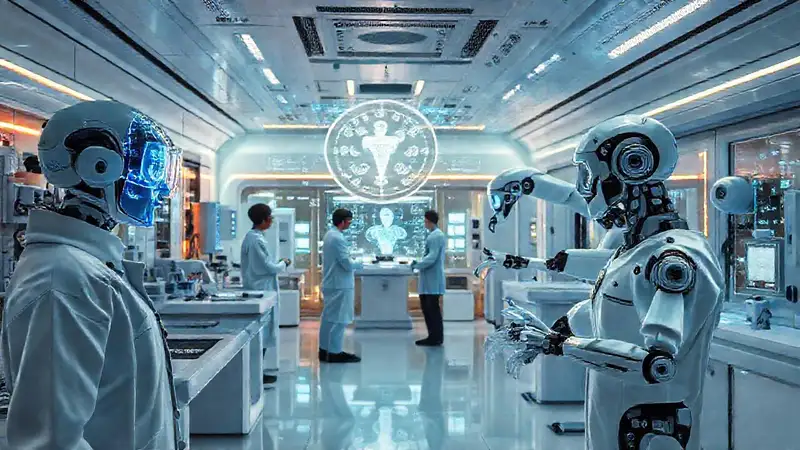 Laboratorio futurista con tecnología avanzada y colaboración