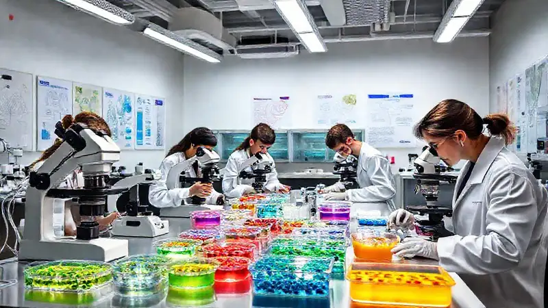 Laboratorio de microbiología con científicos y tecnología
