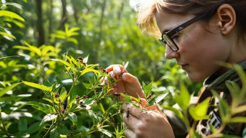 Investigador observa insectos en bosque vibrante