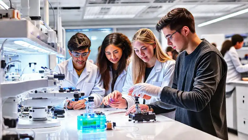 Jóvenes colaborando en laboratorio innovador futurista