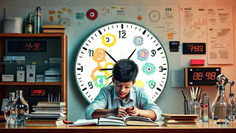 Reloj con engranajes, estudio y ritmo vibrante