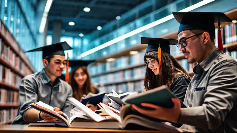 Estudiantes en biblioteca moderna, trabajando en equipo