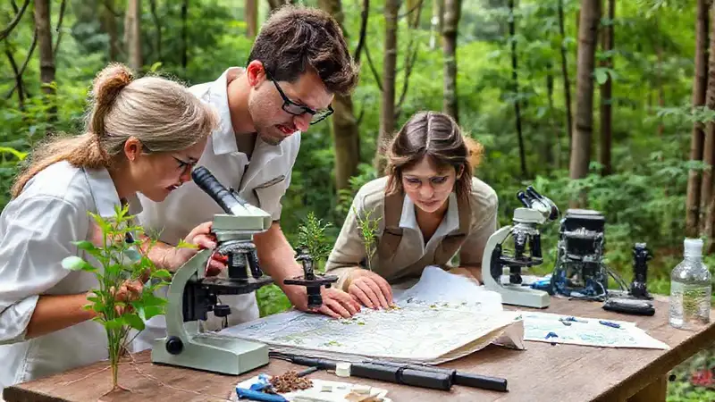 Biólogos investigan plantas en bosque con microscopios