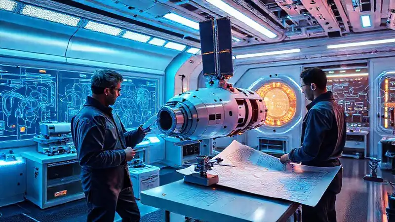 Laboratorio futurista con ingenieros y satélites avanzados