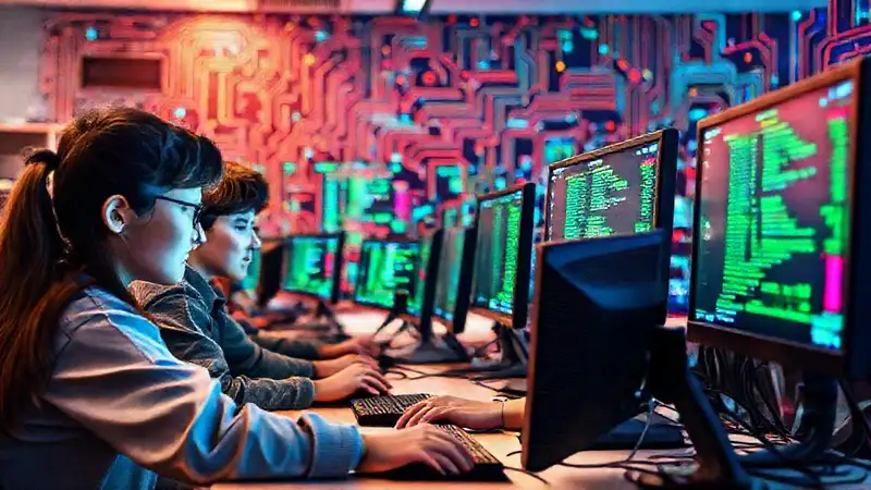 Estudiantes colaborando en tecnología moderna