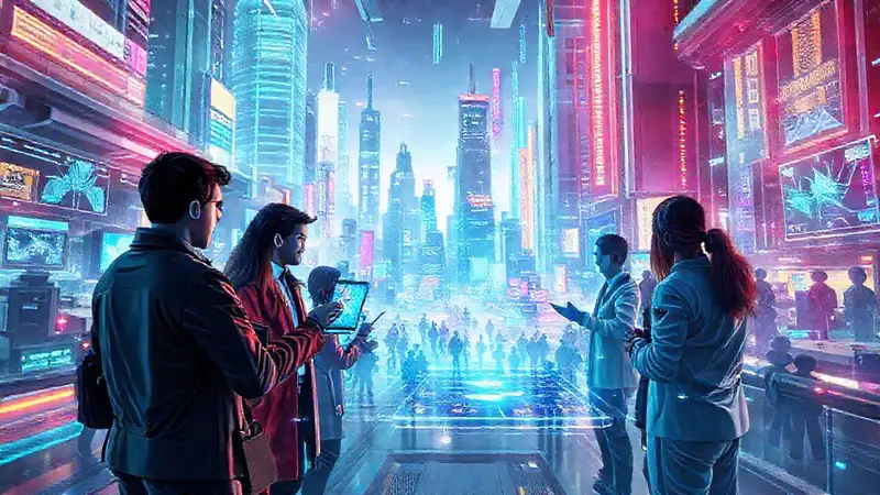 Ciudad futurista con profesionales y tecnología avanzada