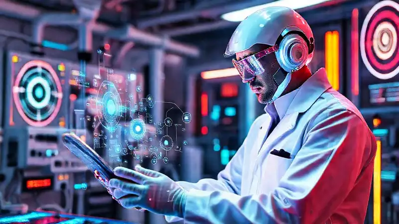 Ingeniero biomédico futurista con tecnología holográfica