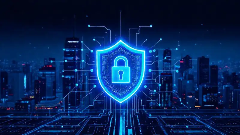Icono de ciberseguridad con escudo digital futurista