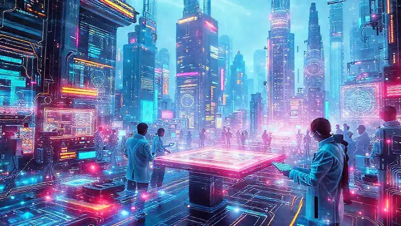Ciudad futurista con hologramas y científicos colaborando