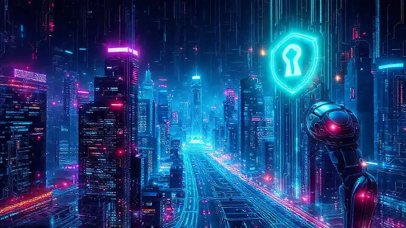 Paisaje digital futurista con neón y hologramas