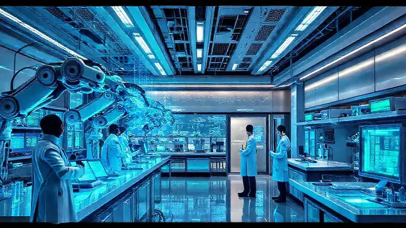 Laboratorio futurista con tecnología avanzada y científicos