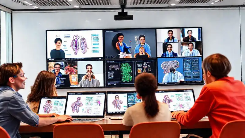 Estudiantes diversos colaboran en línea con diagrames