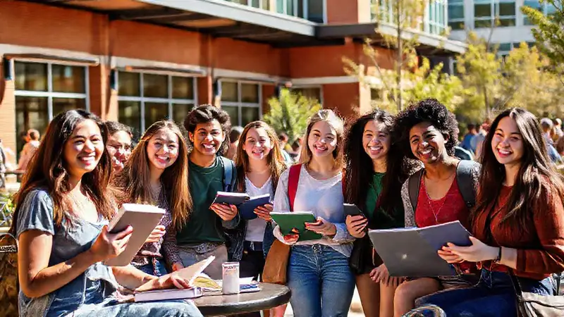 Estudiantes universitarios socializando en campus soleado