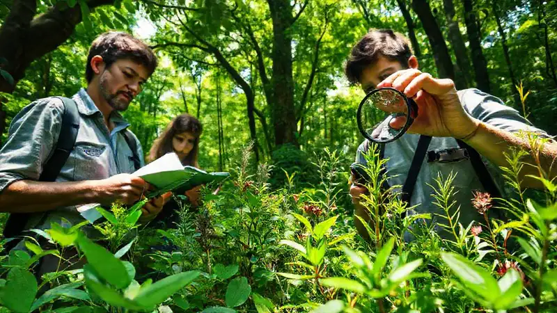 Biólogos exploran plantas en bosque denso