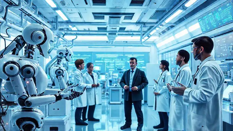 Laboratorio futurista con científicos y debate ético