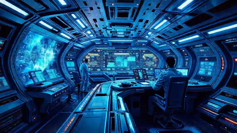 Nave futurista y control tecnológico en galaxia