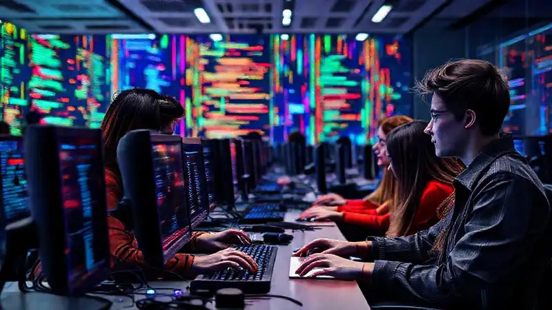 Estudiantes estudiando tecnología en aula moderna