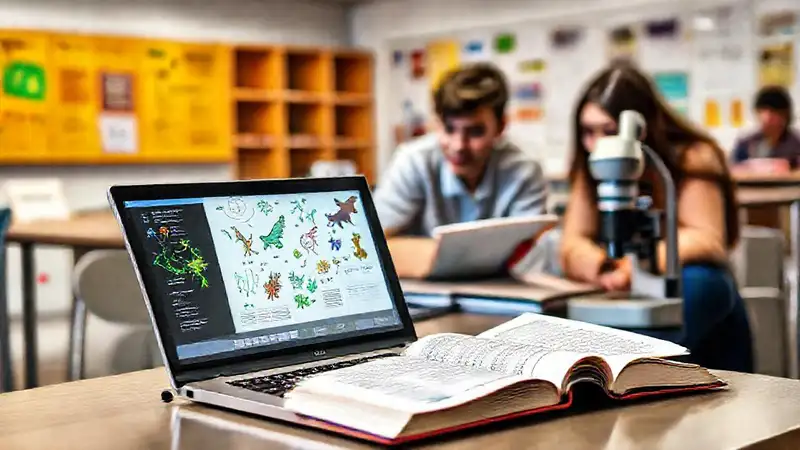 Estudiantes estudiando biología en aula moderna