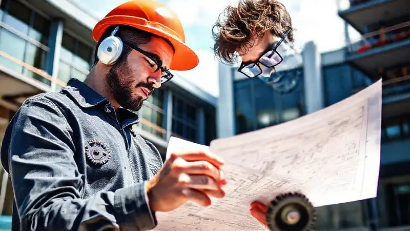Estudiante de ingeniería revisa planos y herramientas