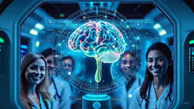 Interfaz médica futurista con cerebro holográfico y salud emocional