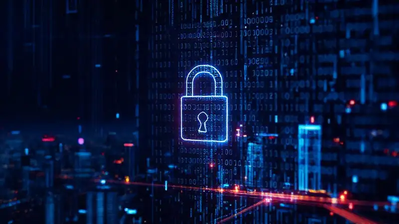 Tema de ciberseguridad con ciudad futurista neon