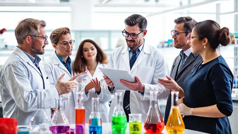 Científicos colaboran en laboratorio moderno y limpio