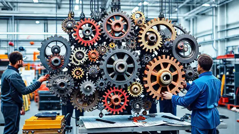 Ingenieros trabajan en red de engranajes industriales