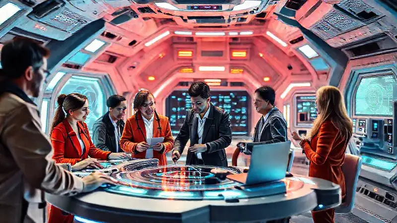 Equipo diverso en estación espacial futurista