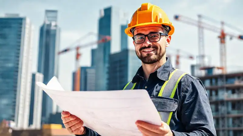 Ingeniero civil con casco en obra moderna