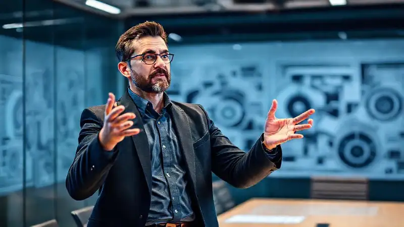 Ingeniero confiado presenta con gestos expresivos