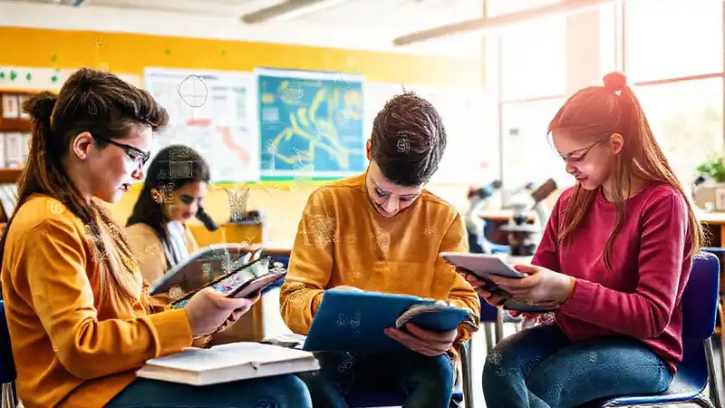 Estudiantes usando tablets en entorno educativo moderno