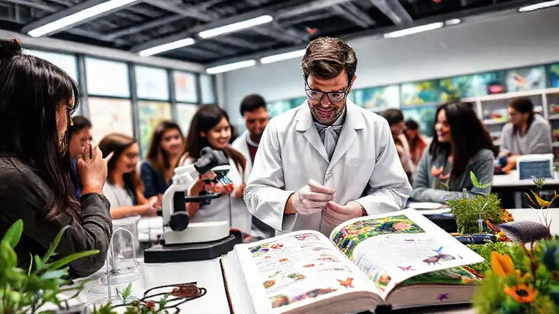Biología en laboratorio con imágenes y estudiantes