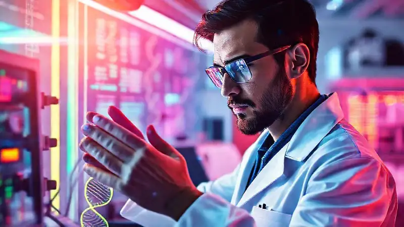 Científico analiza ADN en laboratorio futurista