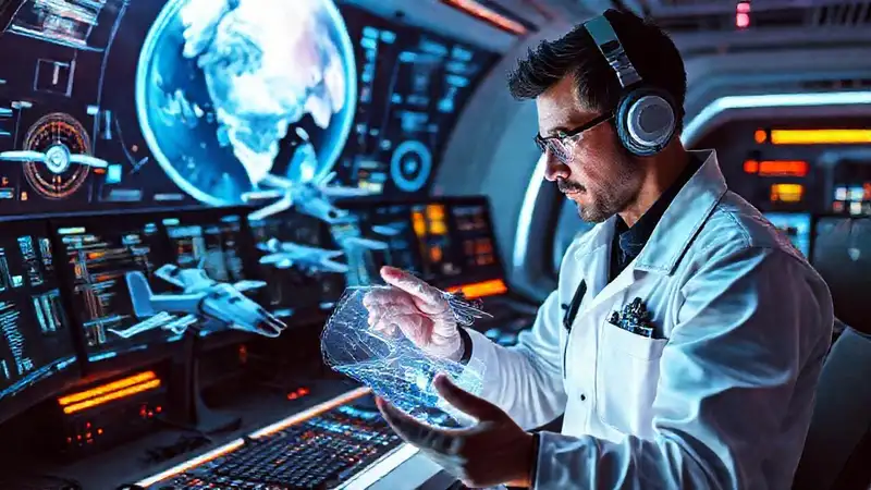 Ingeniero aeroespacial futurista con tecnología avanzada
