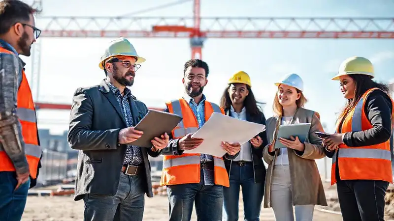 Ingeniero civil lidera equipo en obra moderna