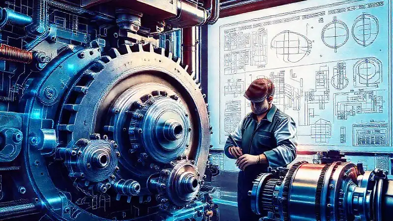 Ingeniero con maquinaria moderna y planos técnicos