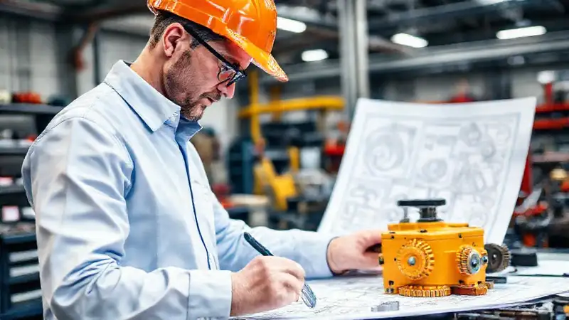Ingeniero con planos y herramientas en taller