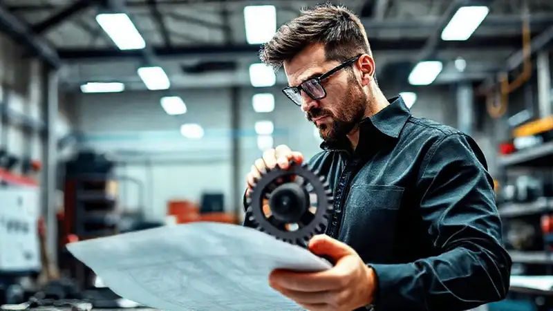 Ingeniero trabajando con engranajes y planos