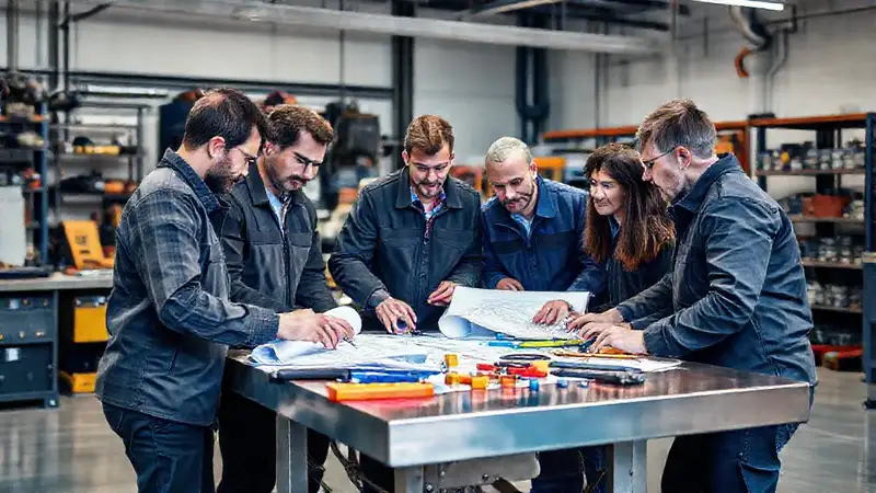 Equipo de ingenieros trabajando en taller moderno