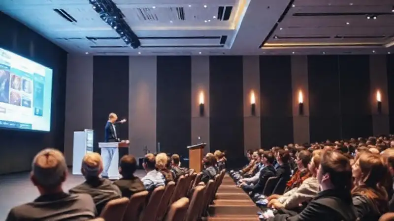 Presentador presenta en auditorio moderno e inspirador
