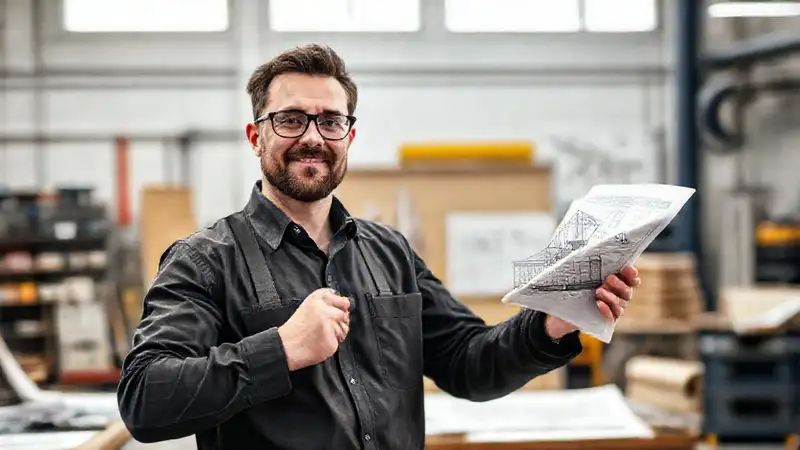 Ingeniero presenta proyecto en taller organizado y moderno