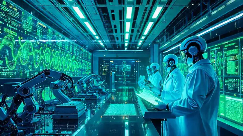 Laboratorio futurista con tecnología avanzada y AI