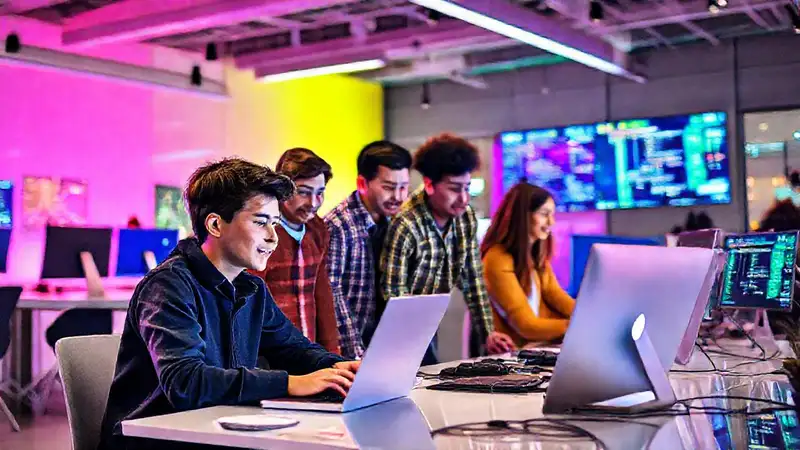 Estudiante codificando en un entorno innovador