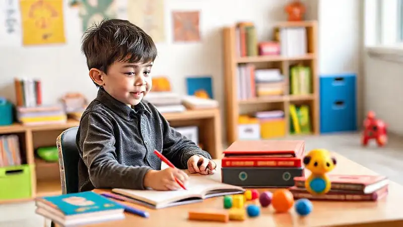 Estudiante feliz entre juegos y libros